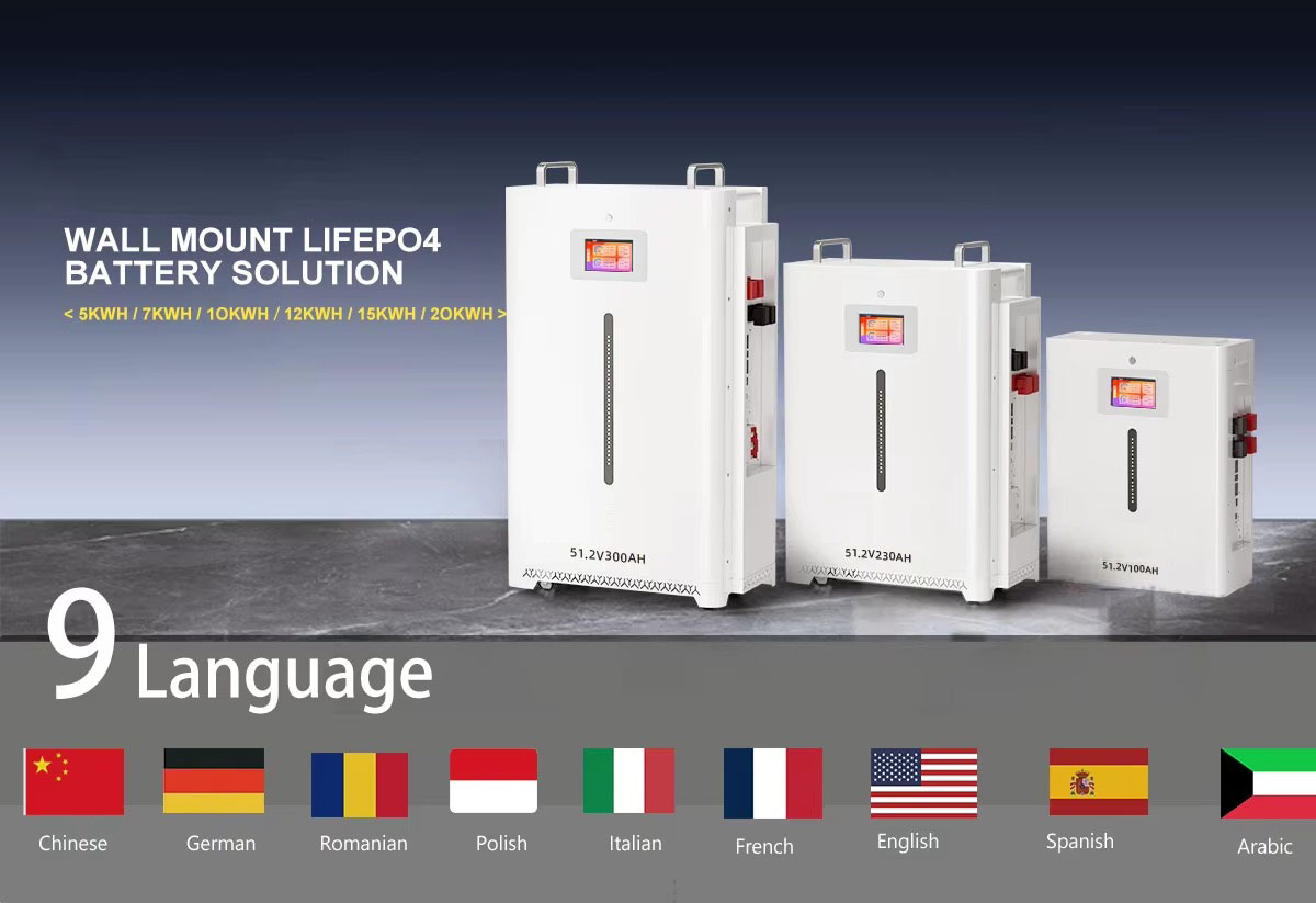 Off grid battery bank 51.2V 230ah 11.7kwh in 9 languages